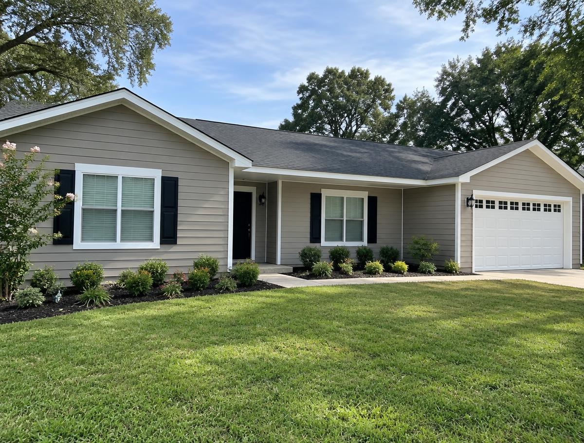 Freshly painted single-story home with greige siding, white trim and black shutters